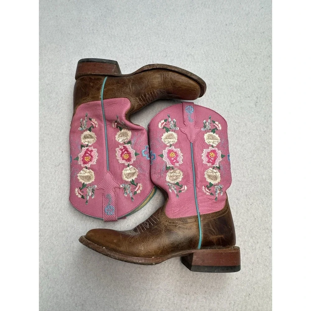 Macie Bean Western Boots Girls Size 4 Pink Floral Embroidered Leather Cowgirl
